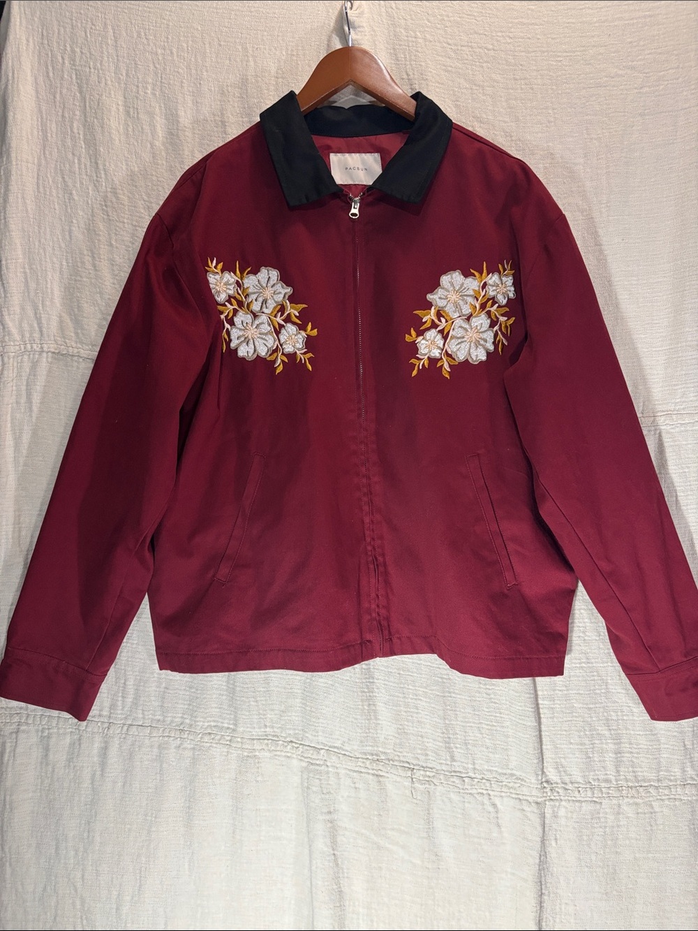 PacSun Burgundy Magnolia Floral Gas Jacket 100% Cotton Vintage Style Embroidery